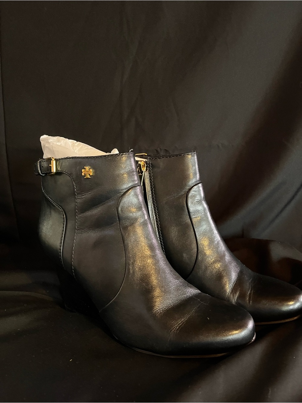 Tory Burch Black Leather Ankle Boots with Gold Logo